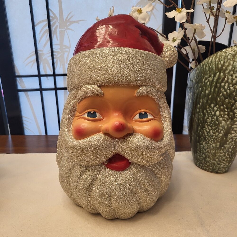 Vintage Holiday Christmas Blow Mold Santa Head w/ Glitter Sparkle Silver Beard